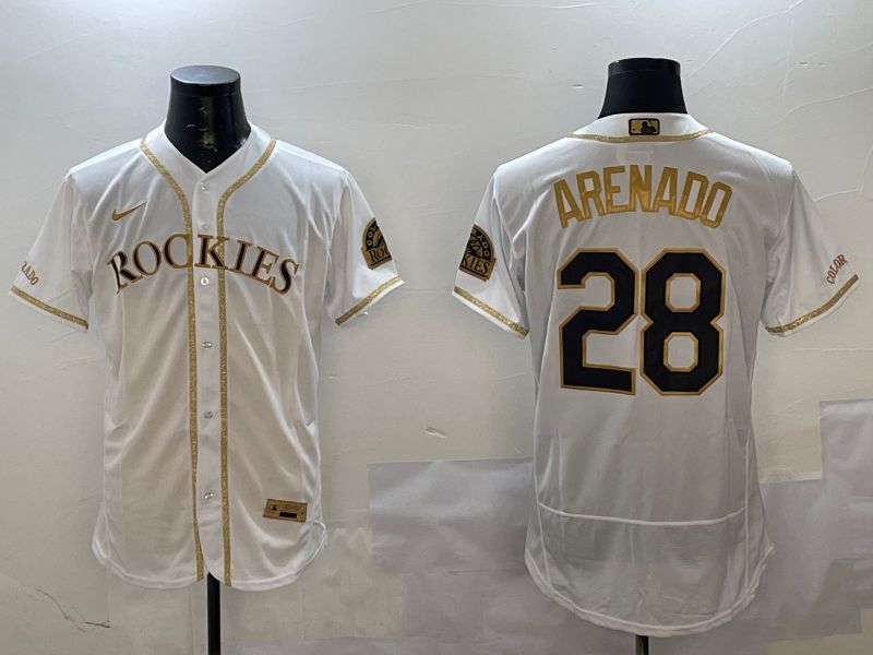 Men Colorado Rockies #28 Arenado White Gold Elite 2025 Nike MLB Jersey style 1
